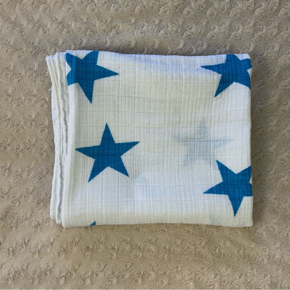 Aden + Anais Large Big Blue Stars Baby Swaddle Blanket White Muslin Cotton